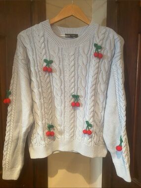 Light Blue Cable-Knit Crewneck Sweater with Cherry Appliqués